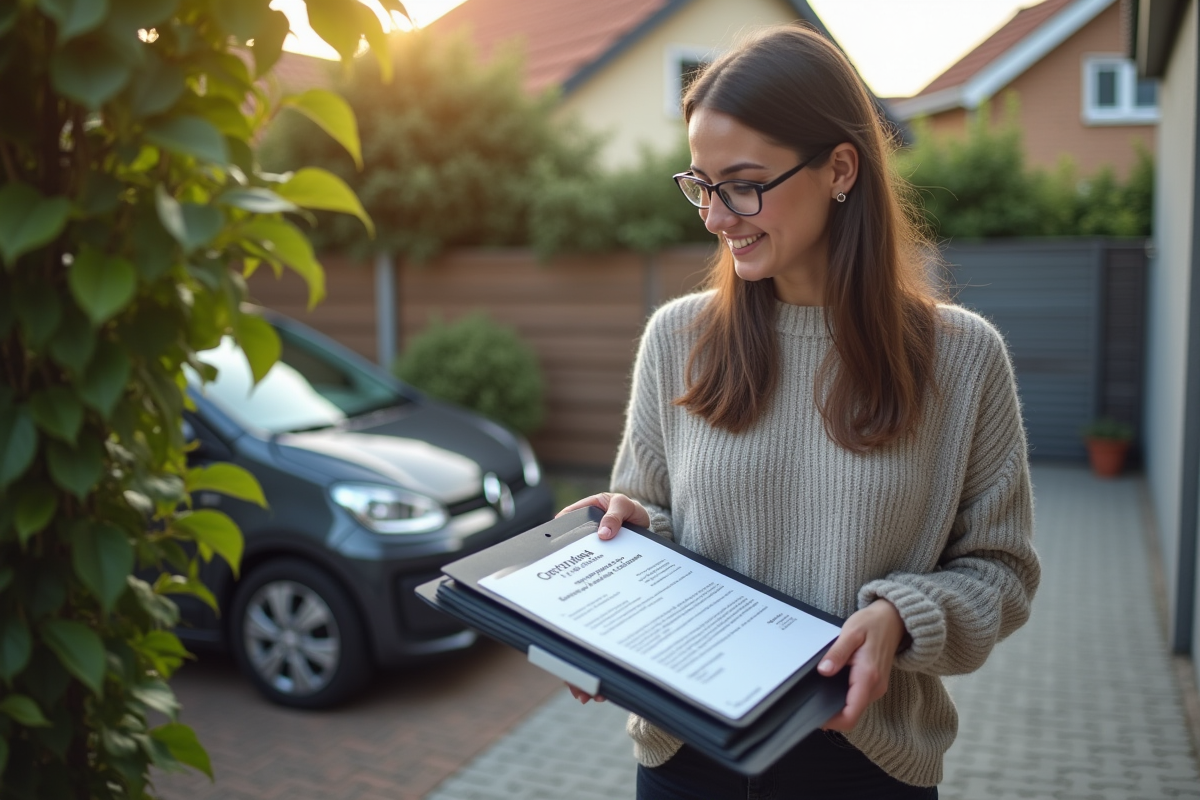 Femme rangeant des documents dans une voiture