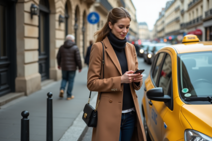 Femme dans Paris près d'un taxi jaune en extérieur