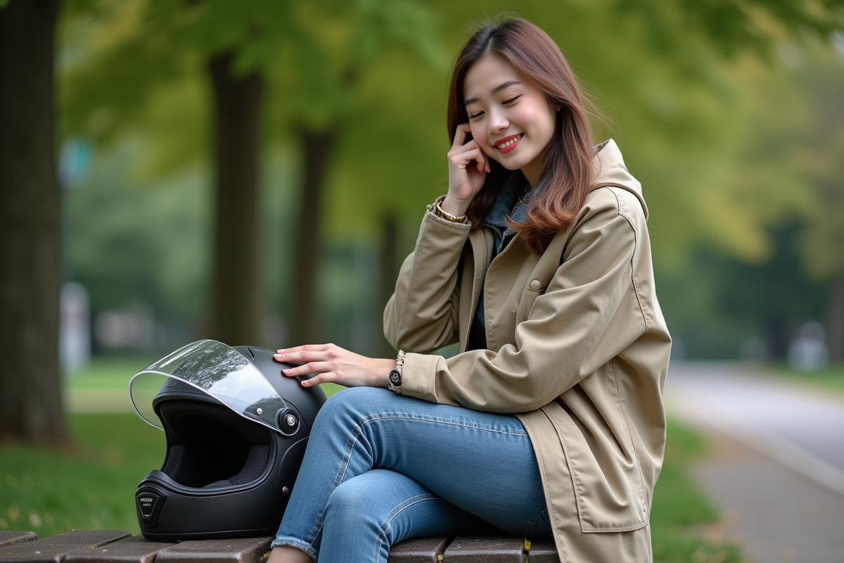 Jeune femme vérifiant son casque de moto dans un parc