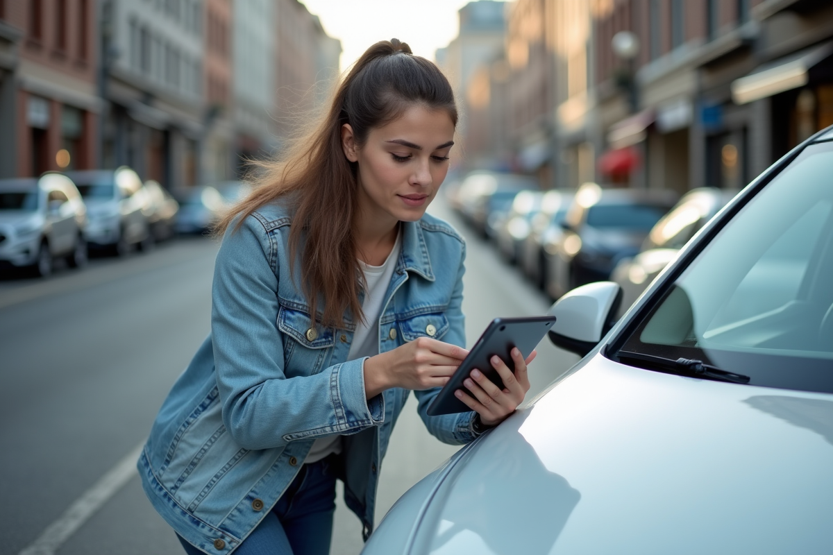 Jeune femme configurant voiture avec tablette en ville