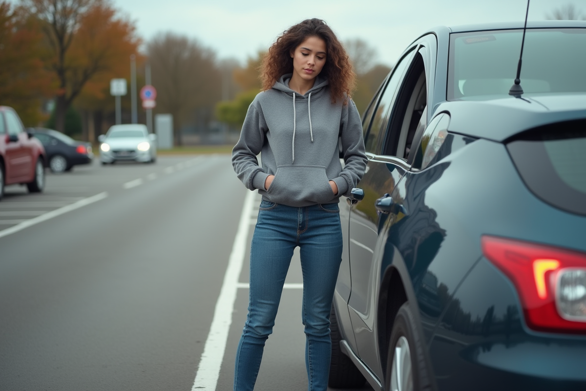 Jeune femme inspectant ses pneus dans un parking extérieur