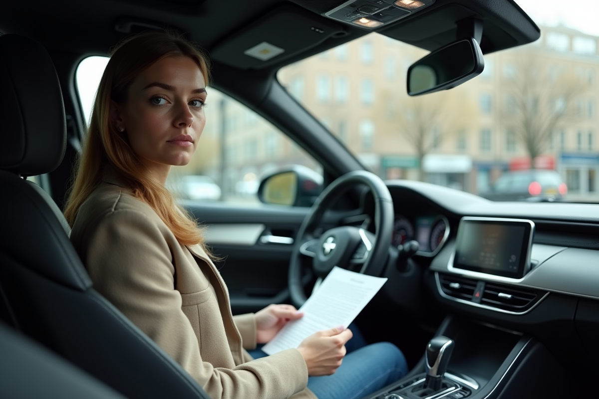 Femme dans sa voiture tenant un document avec inquiétude