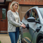 Comment optimiser le coût de recharge d’une voiture électrique à domicile ? Femme branchant sa voiture électrique dans la cour
