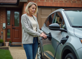 Comment optimiser le coût de recharge d’une voiture électrique à domicile ? Femme branchant sa voiture électrique dans la cour