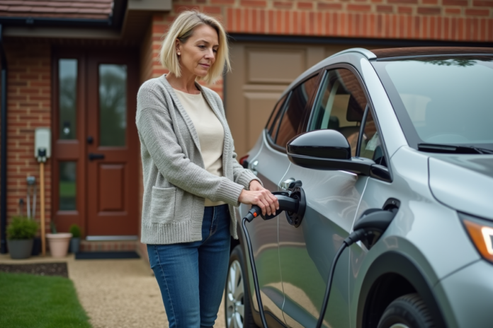 femme-voiture-electrique-jardin Femme branchant sa voiture électrique dans la cour