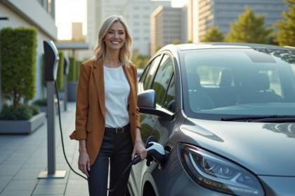 Femme souriante à côté d'une voiture électrique en ville
