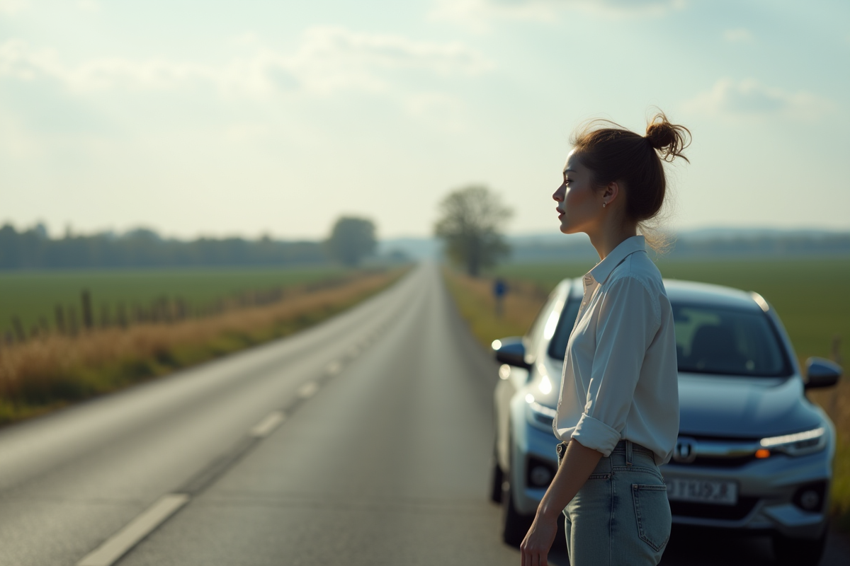 Jeune femme regardant un véhicule moderne au bord de la route