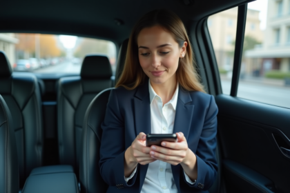 Jeune femme en VTC regardant son smartphone en ville