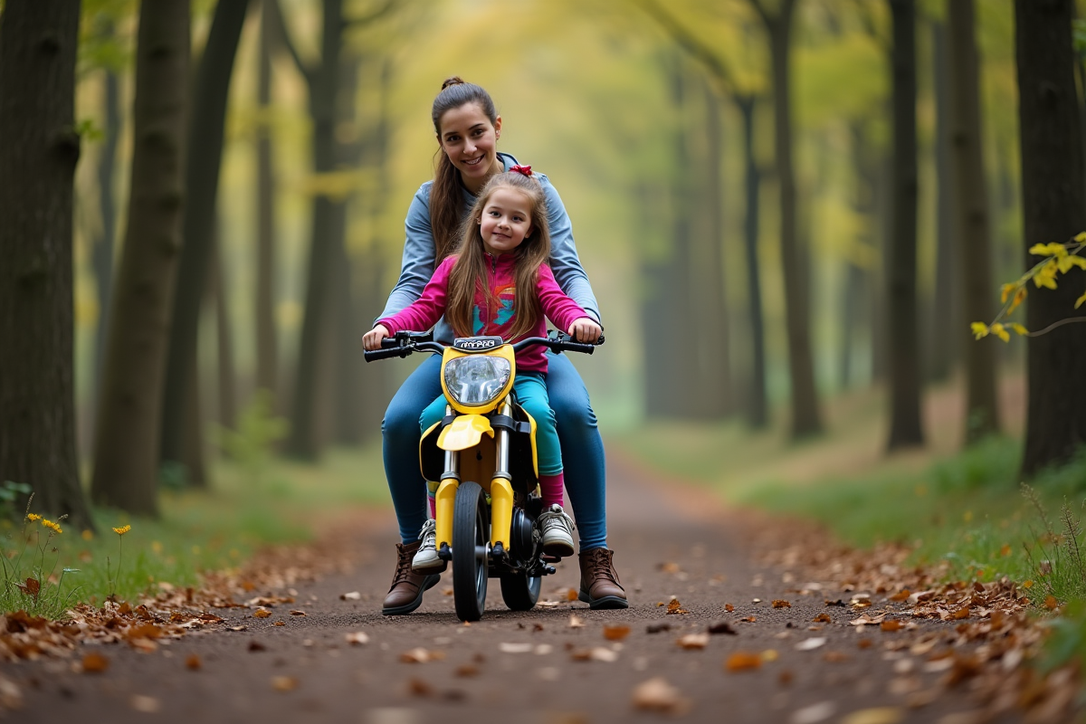 Fille en tenue de protection sur moto dans la forêt