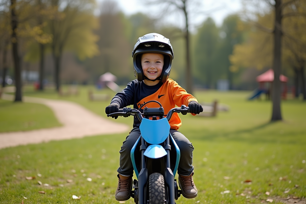 Garçon de 8 ans souriant en motocross sur une moto moderne