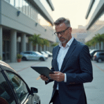 Homme d'affaires regardant une voiture électrique dans un parking