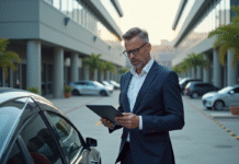 Menaces Tesla : les risques à connaître pour votre entreprise Homme d'affaires regardant une voiture électrique dans un parking