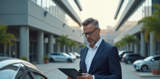 Homme d'affaires regardant une voiture électrique dans un parking