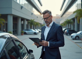 Homme d'affaires regardant une voiture électrique dans un parking