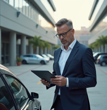 Homme d'affaires regardant une voiture électrique dans un parking
