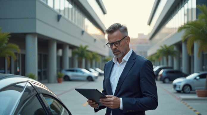 Homme d'affaires regardant une voiture électrique dans un parking
