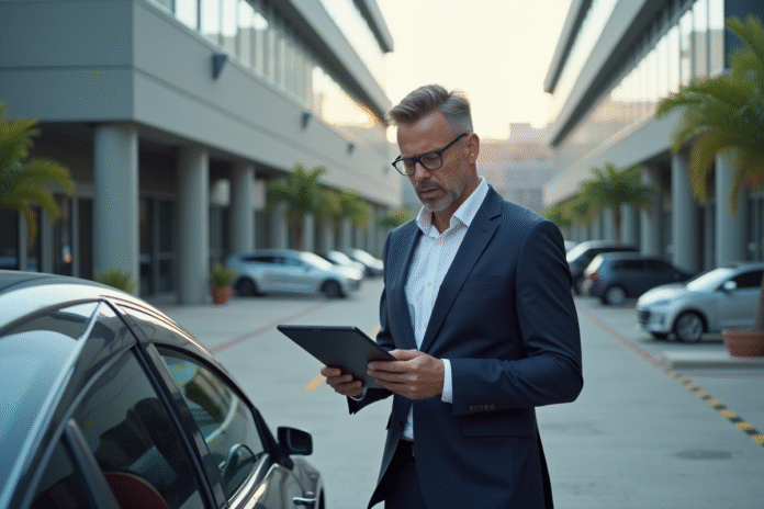 homme-affaire-voiture-electrique Homme d'affaires regardant une voiture électrique dans un parking