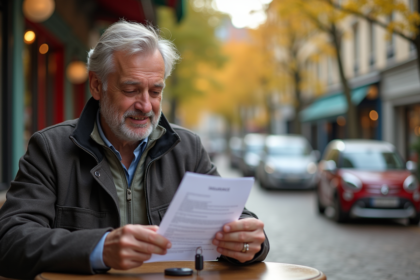Homme français au café vérifiant un document d'assurance