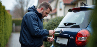 Homme en veste bleue fixant une plaque d'immatriculation
