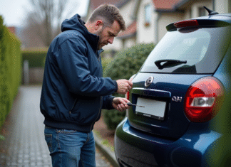 Homme en veste bleue fixant une plaque d'immatriculation