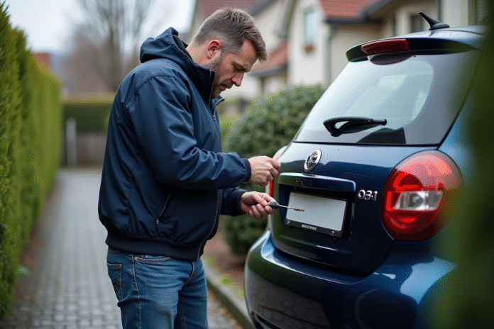 homme-changement-plaques-voiture Homme en veste bleue fixant une plaque d'immatriculation