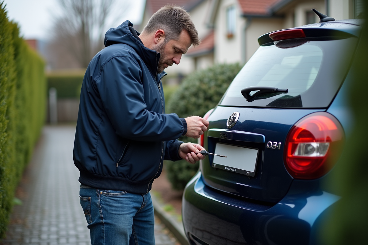 Homme en veste bleue fixant une plaque d'immatriculation