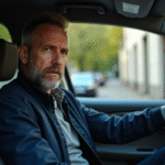 Homme d'âge moyen au volant d'une voiture urbaine française