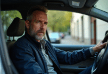 Homme d'âge moyen au volant d'une voiture urbaine française