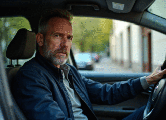 Homme d'âge moyen au volant d'une voiture urbaine française