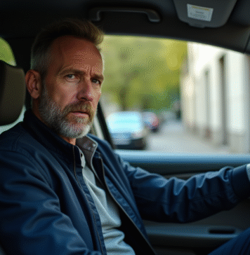 Homme d'âge moyen au volant d'une voiture urbaine française