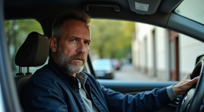 Homme d'âge moyen au volant d'une voiture urbaine française