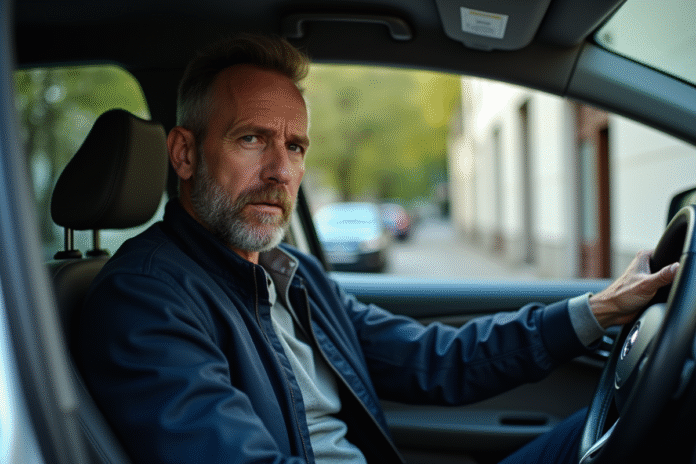 Homme d'âge moyen au volant d'une voiture urbaine française