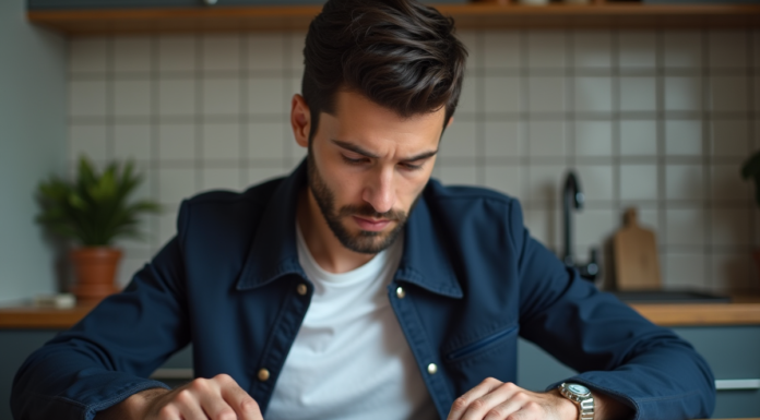 Jeune homme examine documents de voiture en cuisine