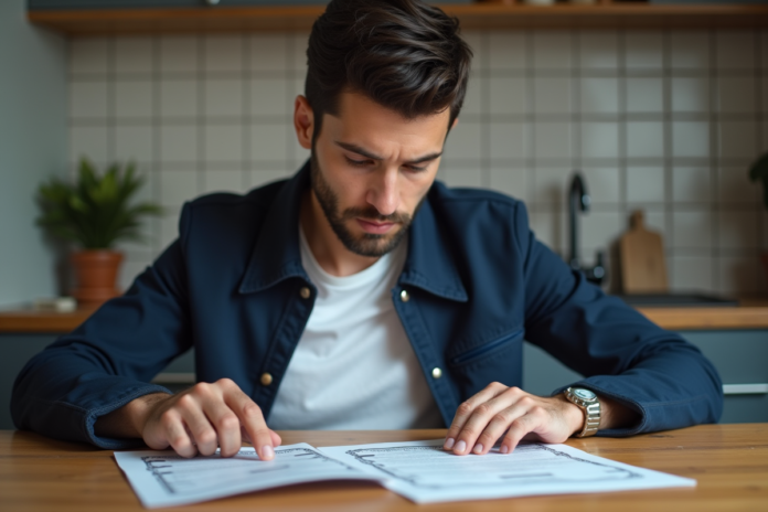 Jeune homme examine documents de voiture en cuisine