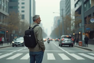 Homme d'âge moyen au croisement urbain vérifiant la circulation