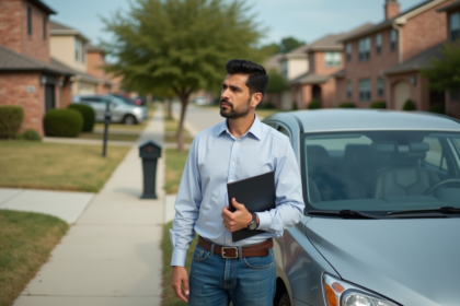 Homme hispanique debout à côté d'une voiture en banlieue