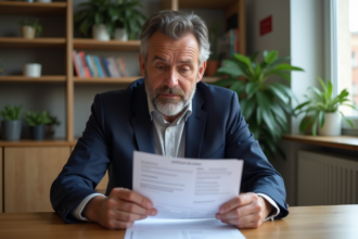 Homme en blazer lisant un certificat de cession