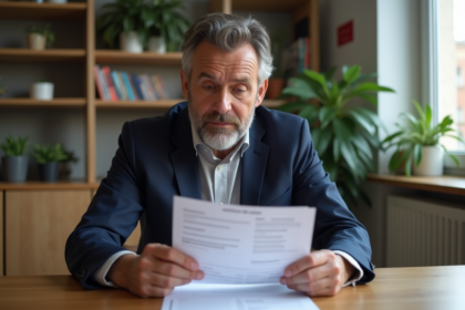 Homme en blazer lisant un certificat de cession