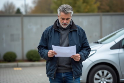 Homme d'âge moyen lisant un rapport d'inspection automobile