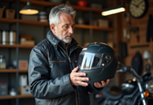 Durée de conservation casque moto : jusqu’à combien d’années l’utiliser ? Homme d'âge moyen examinant son casque de moto dans un garage