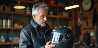 Durée de conservation casque moto : jusqu’à combien d’années l’utiliser ? Homme d'âge moyen examinant son casque de moto dans un garage