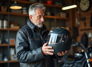 Durée de conservation casque moto : jusqu’à combien d’années l’utiliser ? Homme d'âge moyen examinant son casque de moto dans un garage