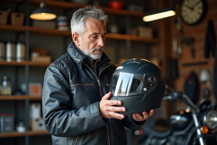 homme-moto-helmet-garage Homme d'âge moyen examinant son casque de moto dans un garage