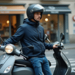 Homme en veste moto avec scooter en ville calme