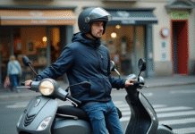 Homme en veste moto avec scooter en ville calme