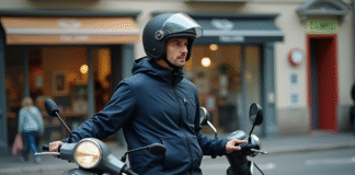 Homme en veste moto avec scooter en ville calme