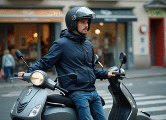 Homme en veste moto avec scooter en ville calme