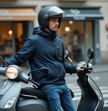 Conduire un scooter 125 : les règles à connaître pour être en conformité Homme en veste moto avec scooter en ville calme