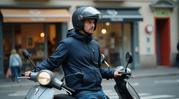 Homme en veste moto avec scooter en ville calme