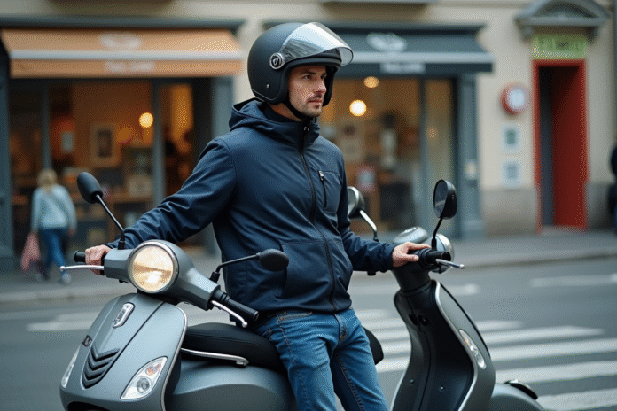 Homme en veste moto avec scooter en ville calme